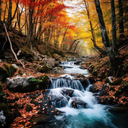 Autumn forest waterfall in the mountains. Colorful autumn landscape.の素材