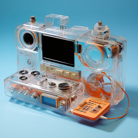 3d rendering of a retro camera on a blue background with copy spaceの素材