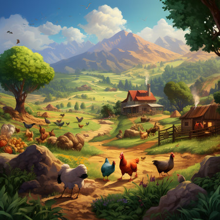 Fantasy landscape with farm animals in the mountains - illustration for childrenの素材