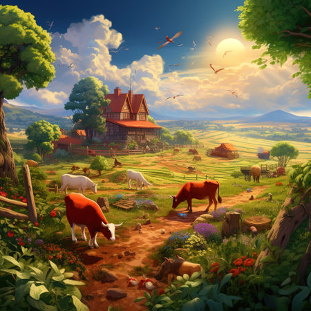 Landscape with farm and cows. Digital painting. Illustration.の素材
