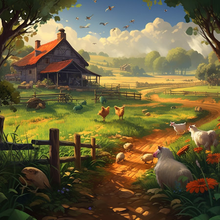 Cartoon rural landscape with farm and animals - illustration for children.の素材