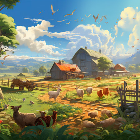 Farm scene with sheeps and goats in meadow - illustration for childrenの素材