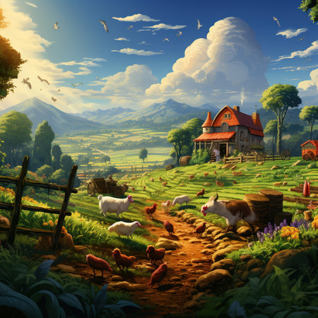 Fantasy landscape with a farm house and a flock of chickens.の素材