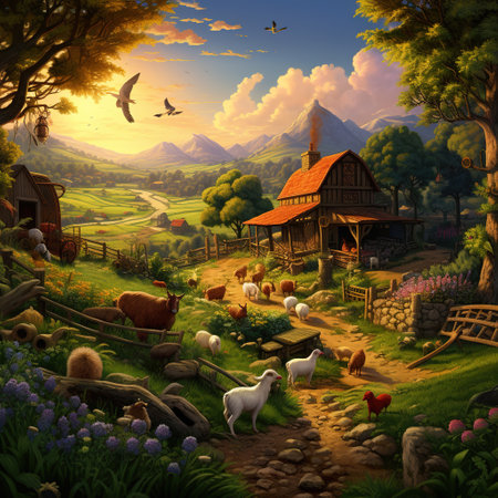 Fantasy landscape with sheeps and wooden house in the mountains.の素材
