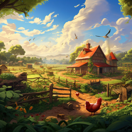 Fantasy landscape with a wooden house, birds and a roosterの素材