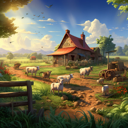Beautiful rural landscape with grazing sheep and old wooden house, illustrationの素材