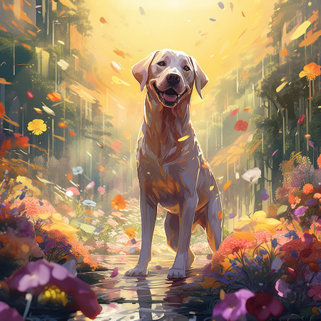 Labrador Retriever in the autumn forest. Digital painting.の素材