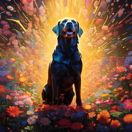 Illustration of a dog sitting in front of flowers and fireworkの素材