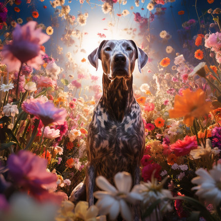 Dalmatian dog sitting on a flower meadow at sunsetの素材
