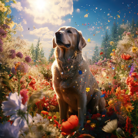 Golden retriever sitting in the meadow with flowers under blue skyの素材