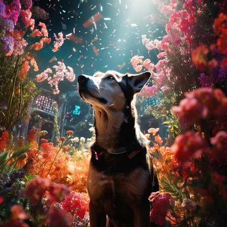 Dog in the garden with flowers at night. 3d rendering.の素材