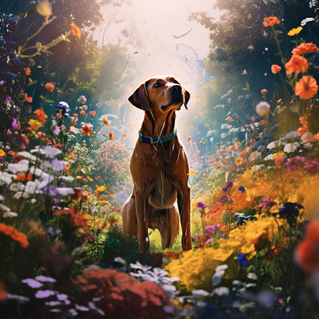 Rhodesian Ridgeback in a field of flowers. Digital painting.の素材