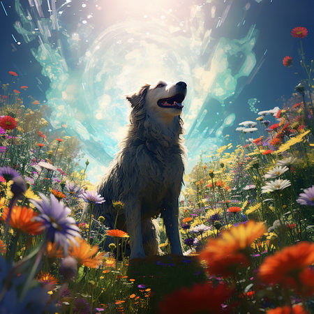 Fantasy image of a wolf in a meadow full of flowersの素材
