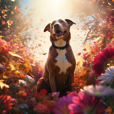 Dog sitting in the autumn meadow with flowers. Dog and autumn nature.の素材