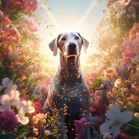 dog in the field with flowers and rays of light, digital paintingの素材