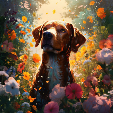 Beautiful dog in the meadow with flowers. Digital painting.の素材