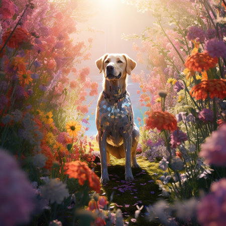 Golden retriever dog in the field of flowers. 3d renderingの素材