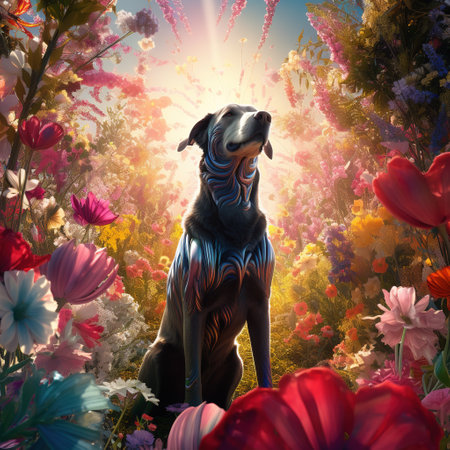 Doberman dog on a background of flowers. 3d renderingの素材