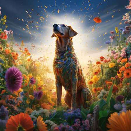 Dog in the meadow with flowers. 3d render illustration.の素材