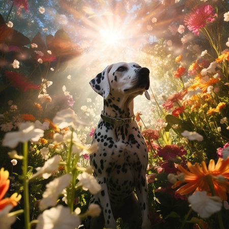 Dalmatian dog sitting in the flower garden at sunset.の素材