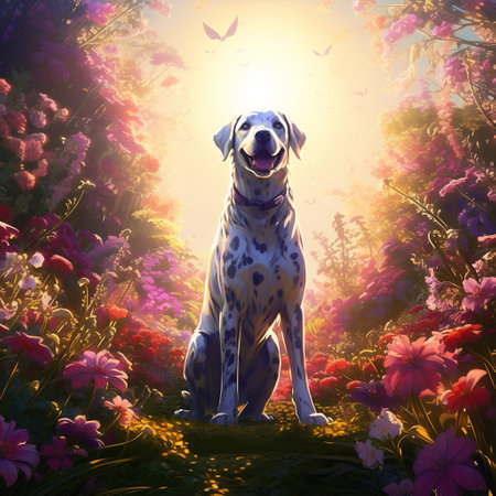 Dalmatian dog on the background of flowers. Digital painting.の素材