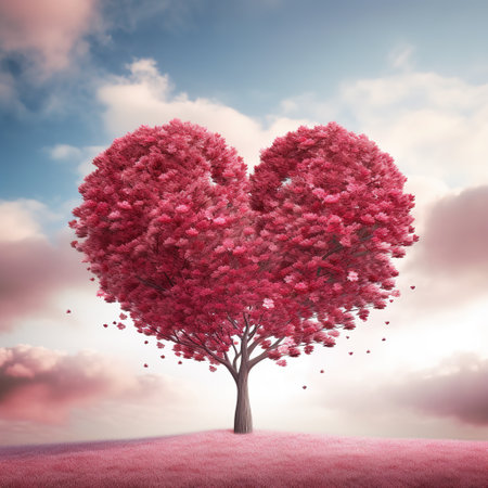 Valentine's day background with heart shaped tree and blue skyの素材
