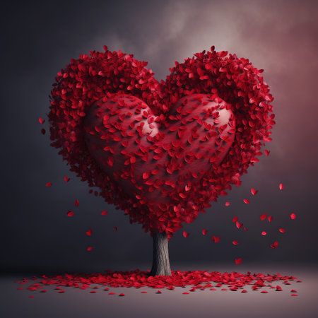 3d render of red heart shaped tree on dark background with heartsの素材