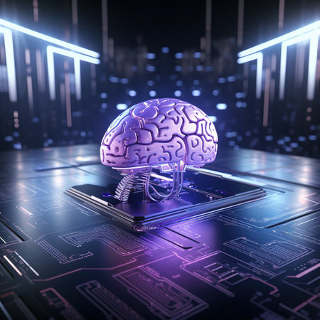 3d illustration of human brain on a computer with circuit board backgroundの素材