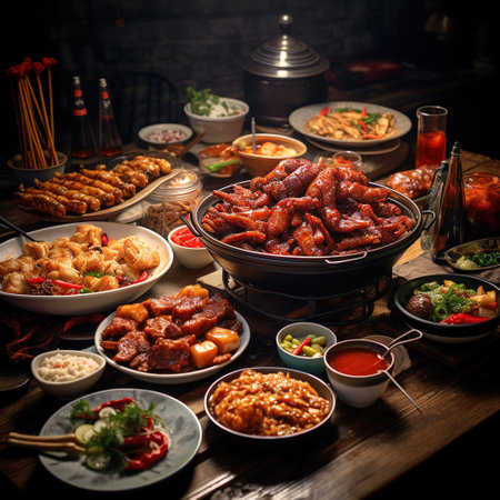 Assorted Chinese dishes on a wooden table. Traditional Chinese cuisine.の素材
