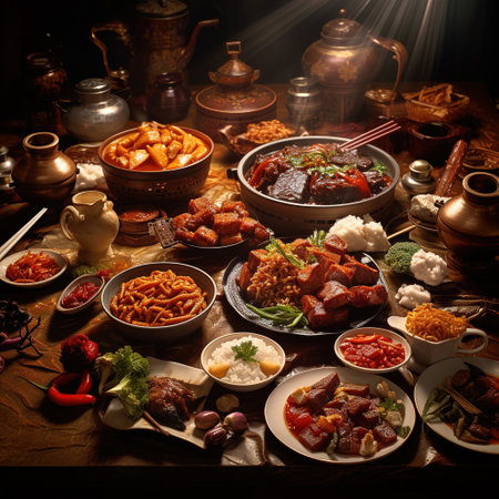 Chinese cuisine, set of dishes on a wooden table, close-upの素材