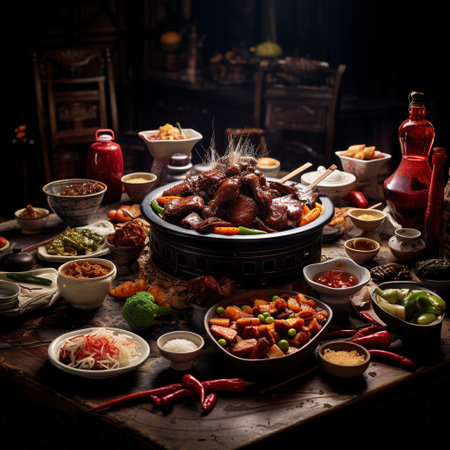Chinese cuisine on the old wooden table. Restaurant menu. Chinese cuisine.の素材