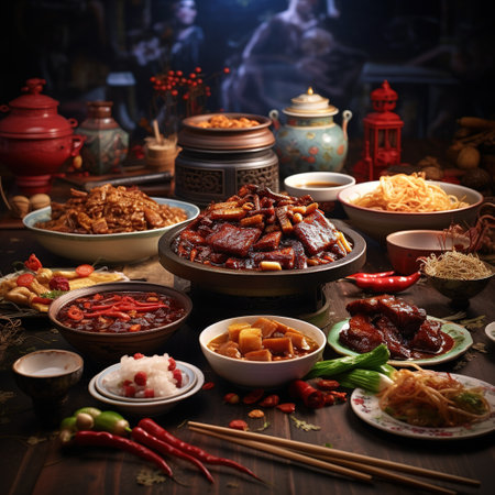 Chinese cuisine. Traditional Chinese dishes on the table in the restaurant.の素材