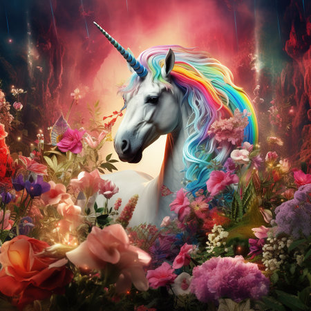 Unicorn with rainbow mane surrounded by flowers. Fantasy fantasy illustration.の素材