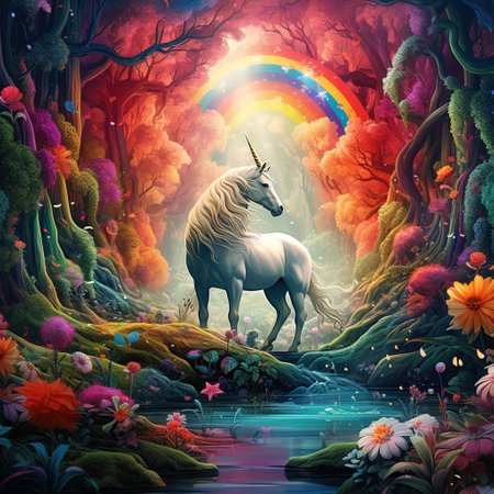 Unicorn in fantasy forest with rainbow. 3d illustration.の素材