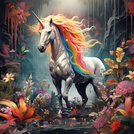 Illustration of a fantasy unicorn surrounded by flowers and plants. Digital painting.の素材