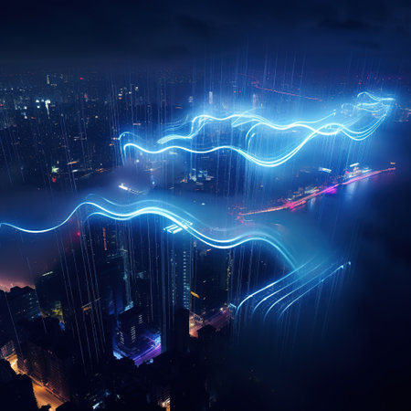 Abstract light lines over the city at night. 3D Renderingの素材