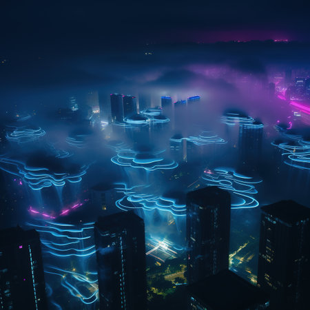 Fog over the city at night, Hong Kong, China.の素材