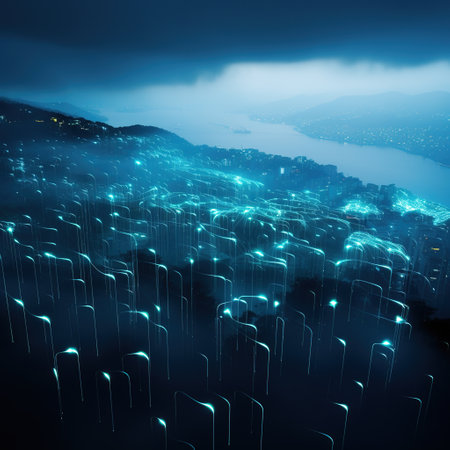 Night cityscape with glowing lights on a foggy day. 3D renderingの素材