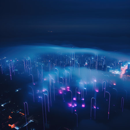 Futuristic city in the fog at night, 3d renderingの素材