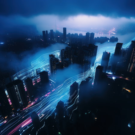 Aerial view of modern city at night with fog and light trailsの素材
