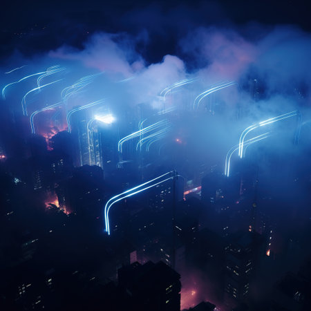 Aerial view of the city at night with fog and lights.の素材