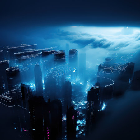 Futuristic city in the fog at night. 3d renderingの素材