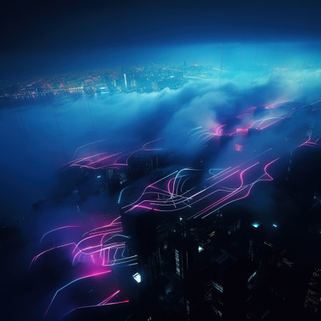 Night city with road in the fog. 3D Rendering.の素材