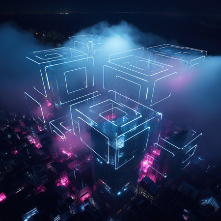 3D rendering of a futuristic city with neon lights in the nightの素材