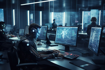 Cyborg working on a computer in a dark office. Concept of cyber security.の素材