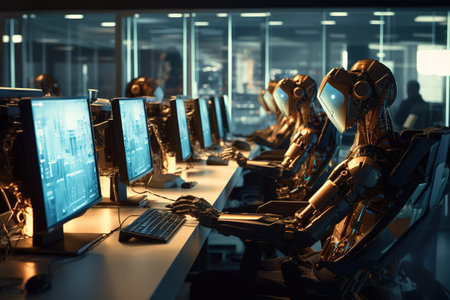 Cyborgs working on computers in a modern office. 3d renderingの素材