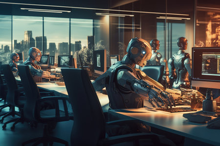 Cyborg working in a modern office. 3d rendering toned imageの素材