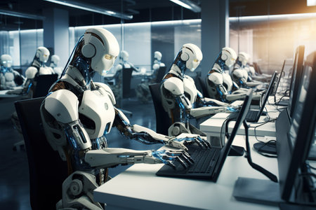 Group of robots working on computers in modern office. 3d renderingの素材