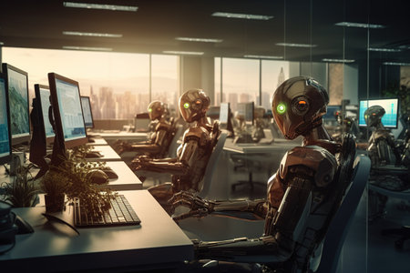 3d rendering humanoid robot working in modern office with cityscape backgroundの素材