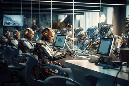 Cyborgs working in a modern office. Artificial intelligence concept.の素材